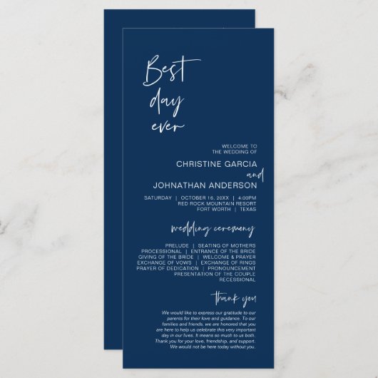 Beste dag ooit, Modern Navy Blue Wedding Program Programmakaart (Voorkant / Achterkant)
