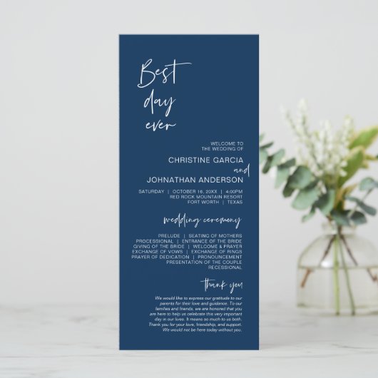 Beste dag ooit, Modern Navy Blue Wedding Program Programmakaart (Staand voorkant)