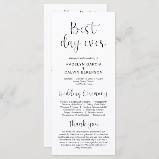 Beste dag ooit, Modern Wedding Ceremony Program Programmakaart (Voorkant / Achterkant)