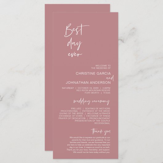 Beste dag ooit, Modern Wedding Dusty Roos Programmakaart (Voorkant / Achterkant)
