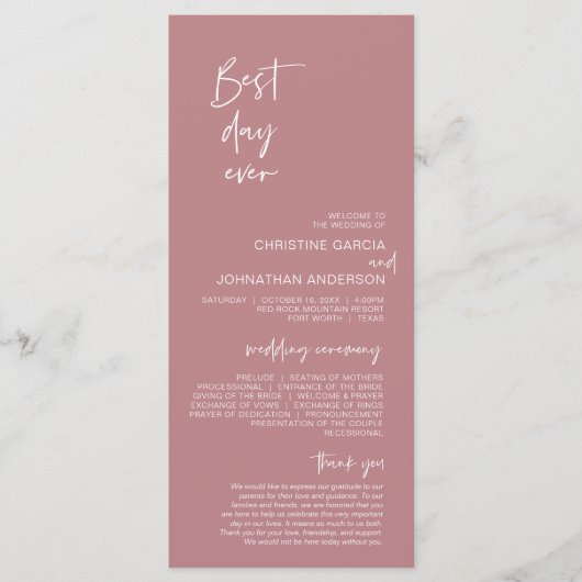Beste dag ooit, Modern Wedding Dusty Roos Programmakaart (Voorkant)