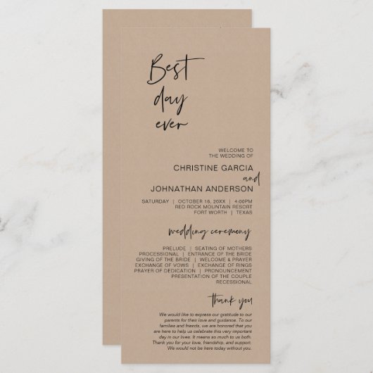 Beste dag ooit, Modern Wedding Kraft Brown Program Programmakaart (Voorkant / Achterkant)