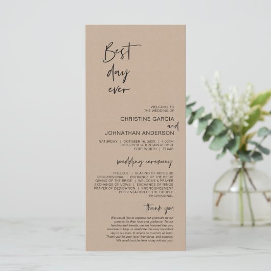 Beste dag ooit, Modern Wedding Kraft Brown Program Programmakaart (Staand voorkant)
