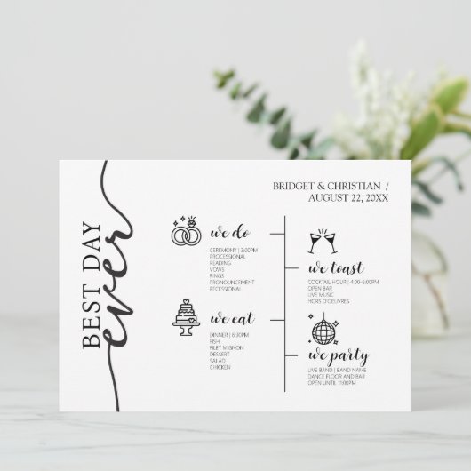 Beste dag ooit moderne elegante bruiloft tijdlijn programmakaart (Staand voorkant)