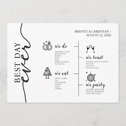 Beste dag ooit moderne elegante bruiloft tijdlijn programmakaart (Voorkant)