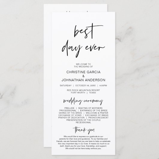 Beste dag ooit, moderne minimalistische bruiloft programmakaart (Voorkant / Achterkant)