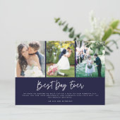 Beste dag ooit Navy drie foto's trouwkaart bedankj Bedankkaart (Staand voorkant)
