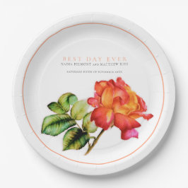 Beste dag ooit oranje rode roos aquarel bruiloft  papieren bordje