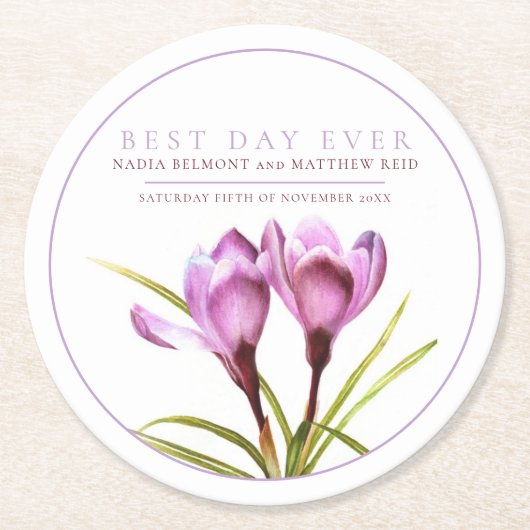 Beste dag ooit paarse krokus waterverf bruiloft ronde kartonnen onderzetter (Voorkant)