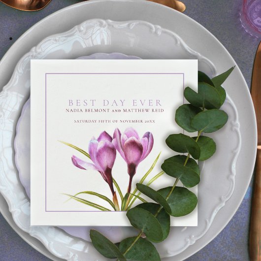 Beste dag ooit paarse krokus waterverf bruiloft servet