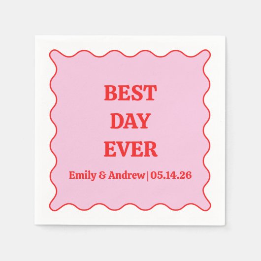 Beste Dag Ooit Roze & Rode Scalloped Custom Weddin Servet (Voorkant)