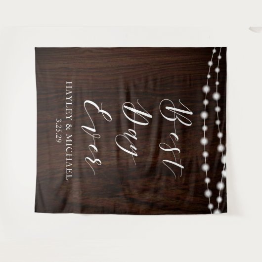 Beste dag ooit Rustieke houten trouwfoto achtergro Wandkleed (Voorkant (horizontaal))