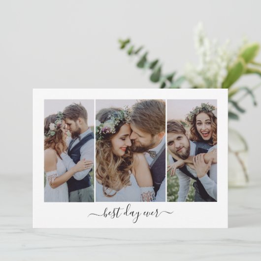 Beste dag ooit script drieluik foto bruiloft bedankkaart (Staand voorkant)