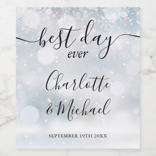 Beste dag ooit Script Winter Sneeuwvlokken bruilof Wijn Etiket (Enkel label)