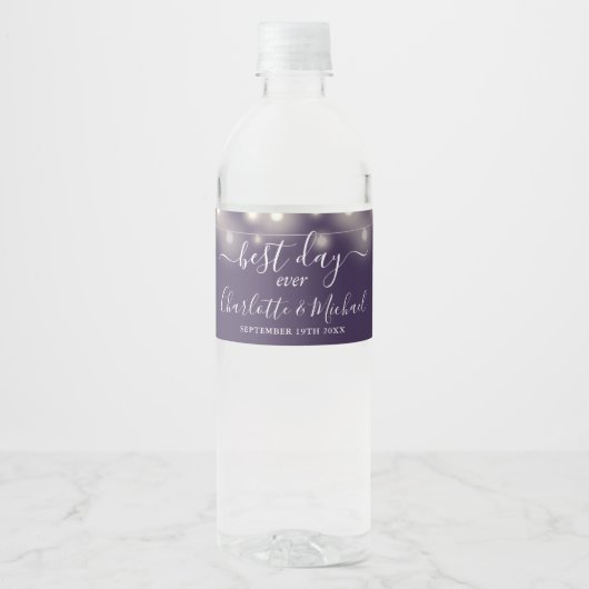 Beste Dag Ooit Slingerlichten Paarse Bruiloft Waterfles Etiket (Voorkant)