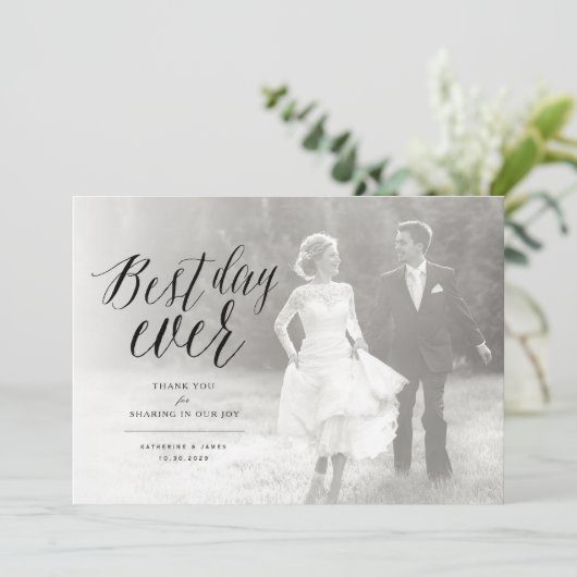 Beste dag ooit stijlvol script foto Moderne bruilo Bedankkaart (Staand voorkant)
