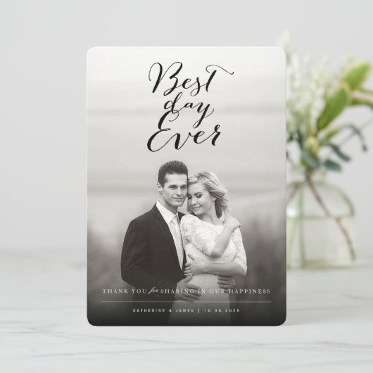 Beste dag ooit stijlvol script foto Moderne bruilo Bedankkaart (Staand voorkant)