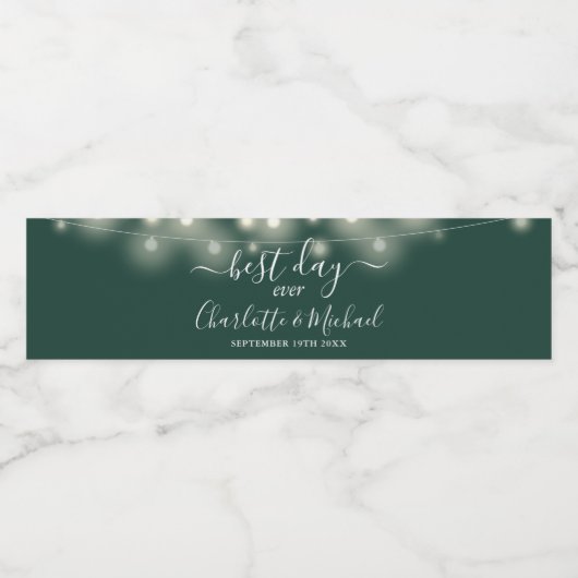 Beste Dag Ooit String Lights Emerald Green Bruilof Waterfles Etiket (Enkel label)
