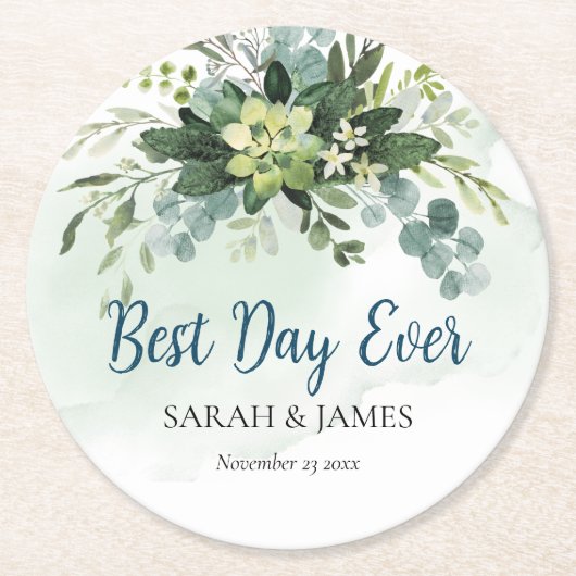 Beste Dag Ooit Succulent Bruiloft Bloemen Botanisc Ronde Kartonnen Onderzetter (Voorkant)