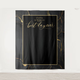 Beste dag ooit Zwarte marmeren huwelijksfotobackdr Wandkleed