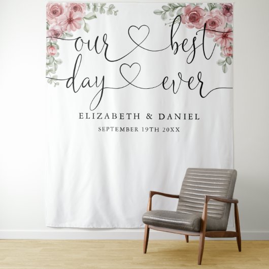 Beste dag Script Floral bruiloft foto achtergrond Wandkleed (In situ)