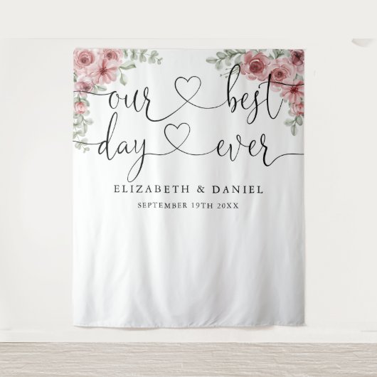 Beste dag Script Floral bruiloft foto achtergrond Wandkleed (Voorkant)