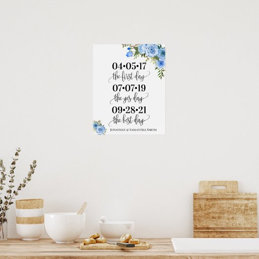 Beste dag trouwdatum: dag blauwe bloem poster (Keuken)