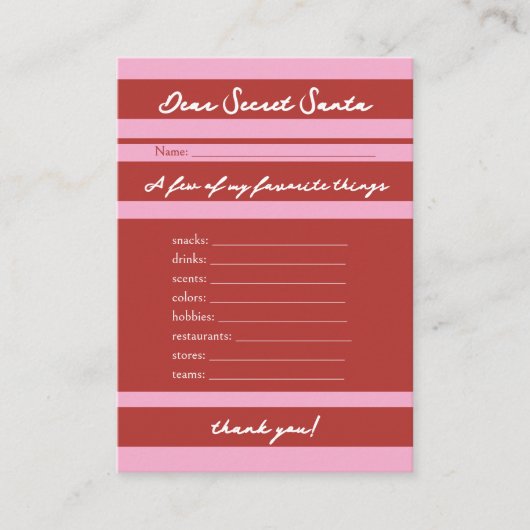 Beste Geheime Kerstman cadeau Cabana Roze Streep P Informatiekaartje (Voorkant)