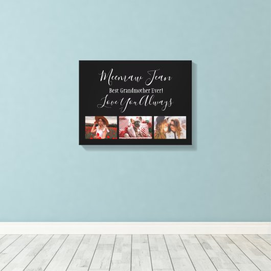 Beste grootmoeder ooit 3 foto collage wit zwart canvas afdruk (Insitu (Houten vloer))