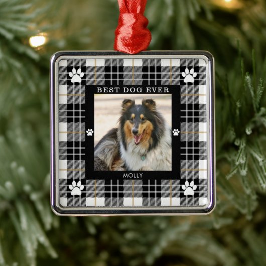 BESTE HOND OOIT Zwart Wit Tan Plaid Metalen Ornament (Boom)