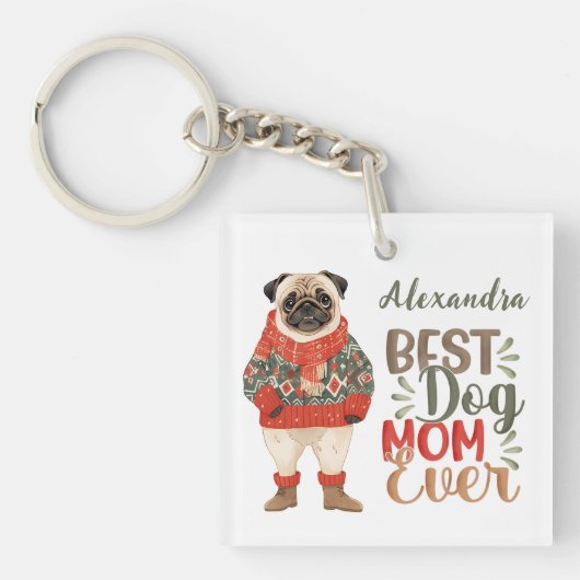 Beste Hondenmoeder Ooit Waterverf Pug Custom Sleutelhanger (voorkant)