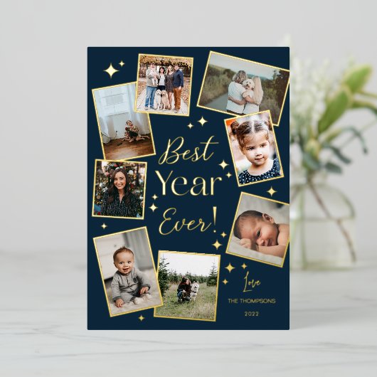 Beste Jaar ooit! 8 Familie fotoscrapbook Collage Folie Feestdagenkaart (Staand Voorkant)