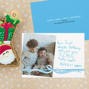 "Beste Jezus" Blauw Krijtje brief Foto Kerstkaart