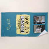 Beste kat moeder 2 foto naam blauw geel strandlaken (Voorkant)