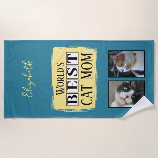 Beste kat moeder 2 foto naam blauw geel strandlaken (Voorkant)