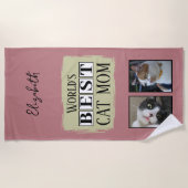 Beste kat moeder 2 foto naam roze groen strandlaken (Voorkant)