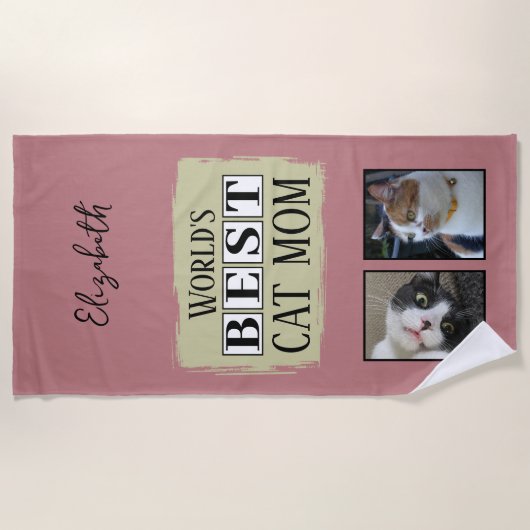 Beste kat moeder 2 foto naam roze groen strandlaken (Voorkant)