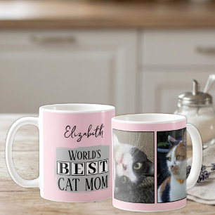 Beste kattenmoeder 2 foto naam roze grijs koffiemok