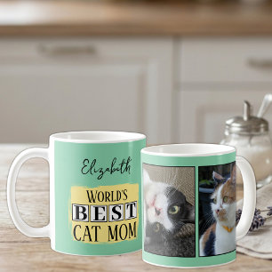 Beste kattenmoeder 2 fotonaam groen geel koffiemok