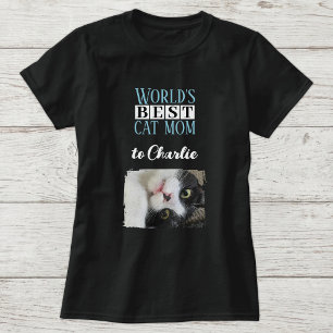 Beste kattenmoeder foto met naam blauw wit t-shirt