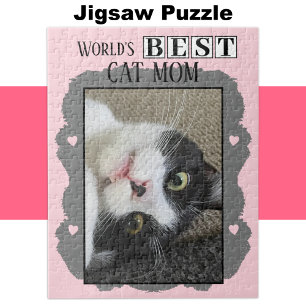 Beste kattenmoeder voeg foto toe roze grijs legpuzzel
