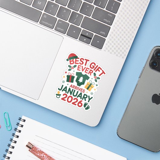 Beste kerstcadeau komt in januari 2026 sticker (Laptop met iPhone)