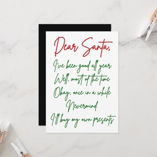 Beste kerstman, ik koop mijn eigen spullen grappig kaart (Voorkant / Achterkant in situ)