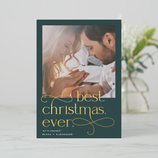Beste kerstooit Verloving Foto Folie Feestdagenkaart (Staand Voorkant)