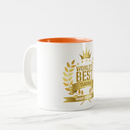 Beste leraar Fun Gold ter wereld Tweekleurige Koffiemok (Voorkant links)