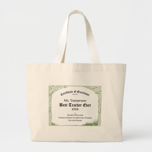 Beste leraar ooit Certificaat van uitmuntendheid Grote Tote Bag (Voorkant)