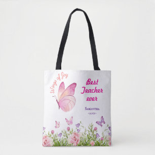 Beste leraar ooit gepersonaliseerde vlinder roze tote bag