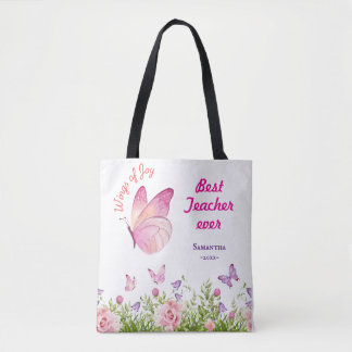 Beste leraar ooit gepersonaliseerde vlinder roze tote bag