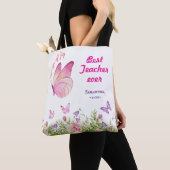 Beste leraar ooit gepersonaliseerde vlinder roze tote bag (Dichtbij)