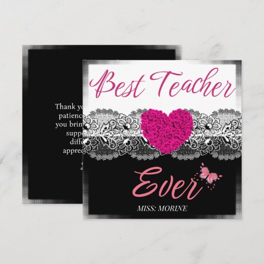 Beste leraar ooit zwart-wit met roze hart bedankkaart (Voorkant / Achterkant)